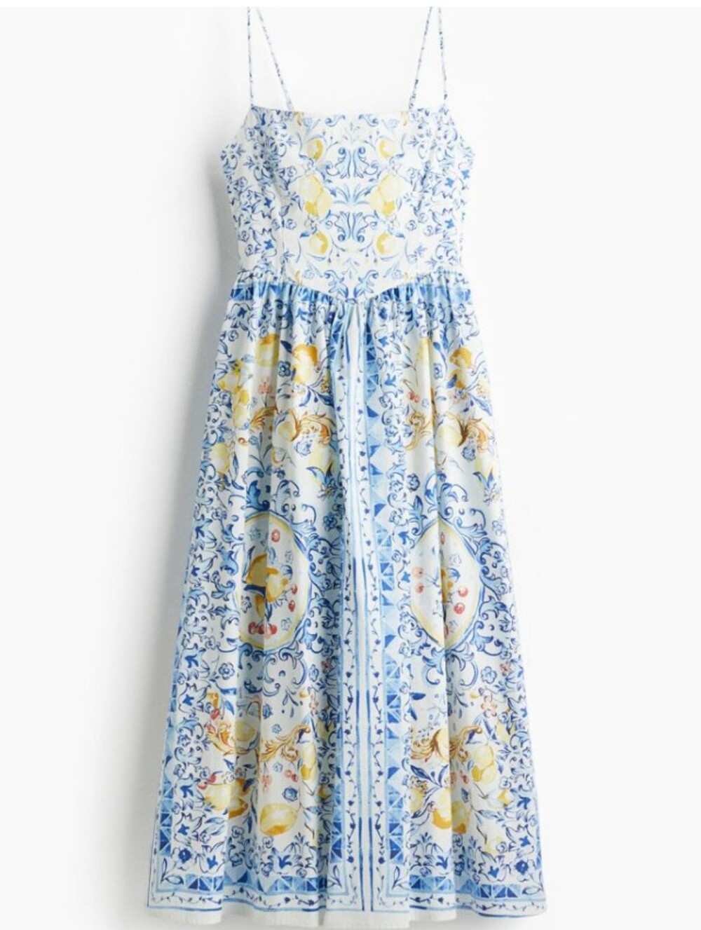 H&M Blue and Yellow Lemon Cherry Midi Sundress M Cotton